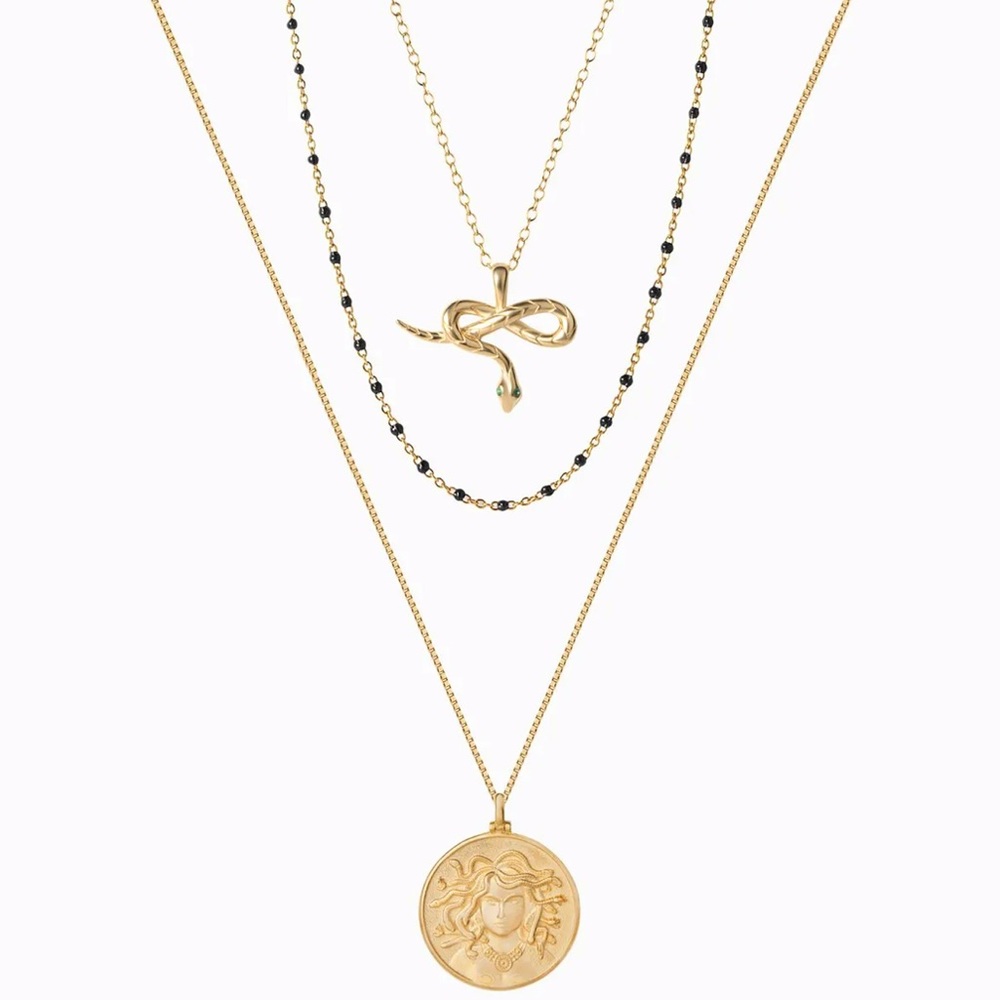 Medusa layering set. Coin and snake necklace charm